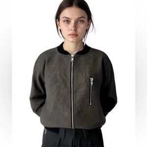POL Faux Suede Bomber Jacket Taupe Gray “Star Systems” Embroidered Back Zip M/L